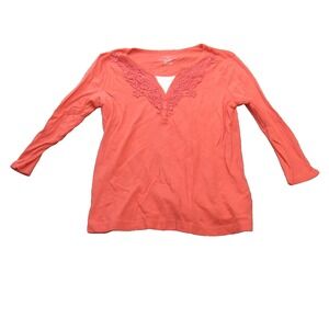 VAN HEUSEN Women's Top  V-Neck 100% Cotton Salmon W/ Embroidery Size Large